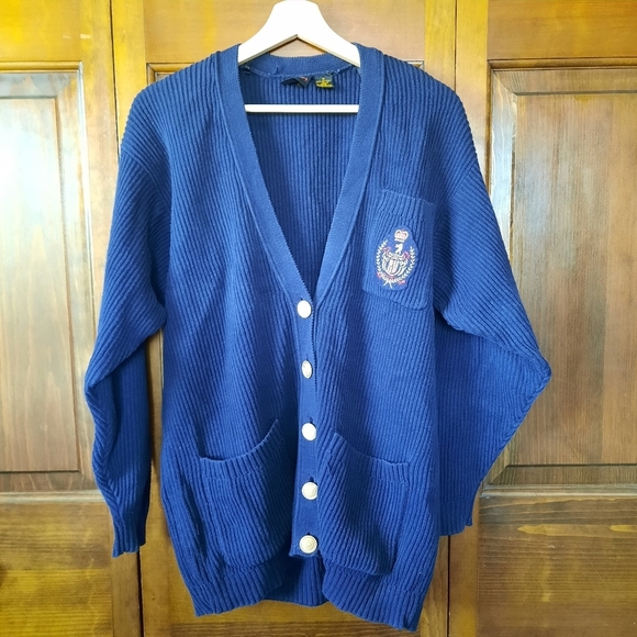 Vintage Liz Sport 100% Cotton Navy Blue Ribbed Knit Preppy Cardigan Sweater - Picture 1 of 9